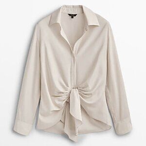 NWT | MASSIMO DUTTI | Front Tie Blouse | Viscose Blend | Sand Cream | Sz Small
